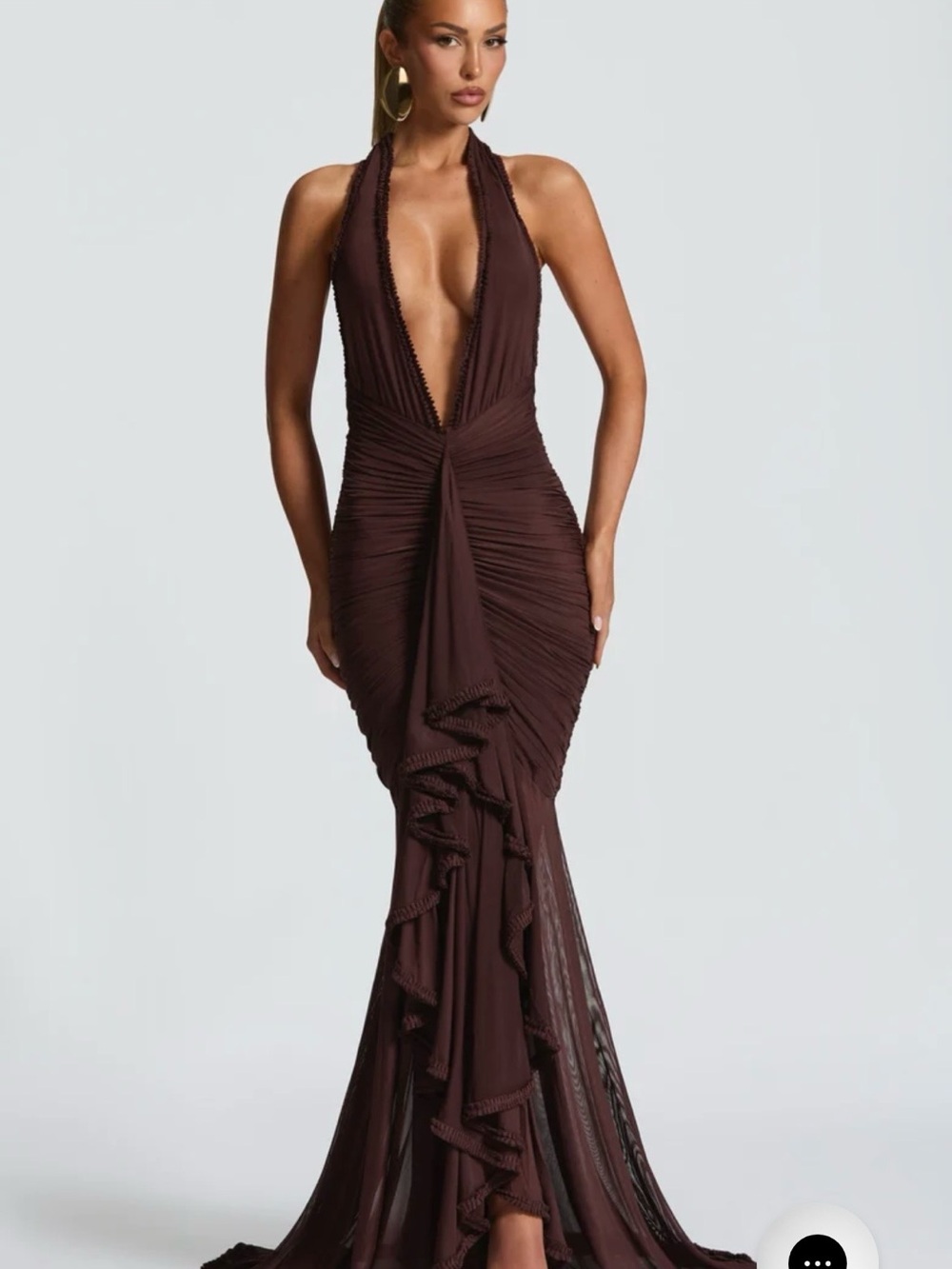 Plunging Halter Maxi Dress in Chocolate Brown